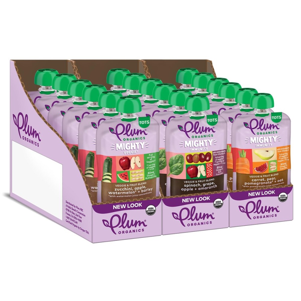 Plum Organics Mighty Veggie and Mighty Immunity Organic Toddler Food - Veggie and Fruit Blend Variety Pack - 4 oz Pouch (Pack of 18) - Organic Fruit and Vegetable Toddler Food Pouch