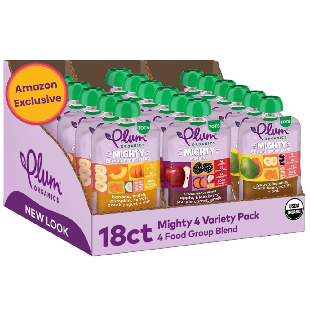 Plum Organics Variety Pack, 12+ Months - Toddlers Delicious Discovery Flavors - Mighty 4 Organic Fruit & Veggie Pouches - 4 oz Pouch, Pack of 18 (Amazon Exclusive)