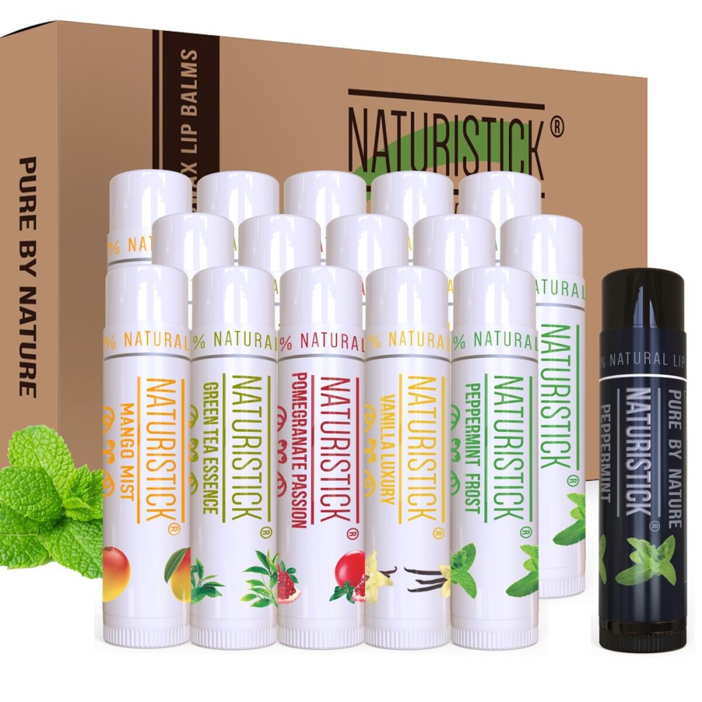 16-Pack Premium Beeswax Lip Balm by Naturistick | Chemical-Free, 100% Natural Chapstick for Dry, Chapped Lips | Made with Coconut Oil, Shea Butter, Aloe Vera | 5 Assorted Scents | Made in the USA