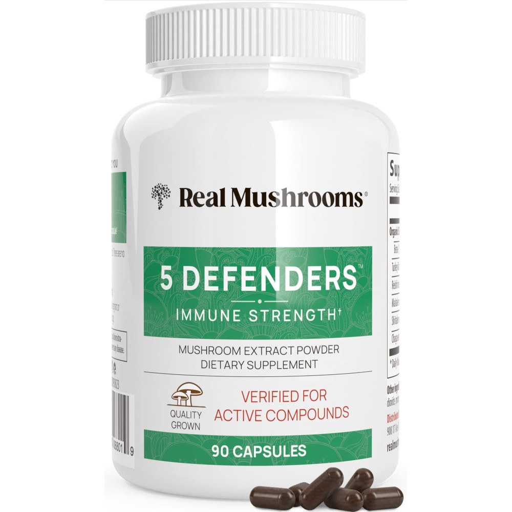 Real Mushrooms 5 Defenders - Adaptogenic Mushrooms Complex with Chaga, Reishi, Turkey Tail, Maitake & Shiitake for Wellness Support - Mushroom Beta Glucan Capsules - 90 Count