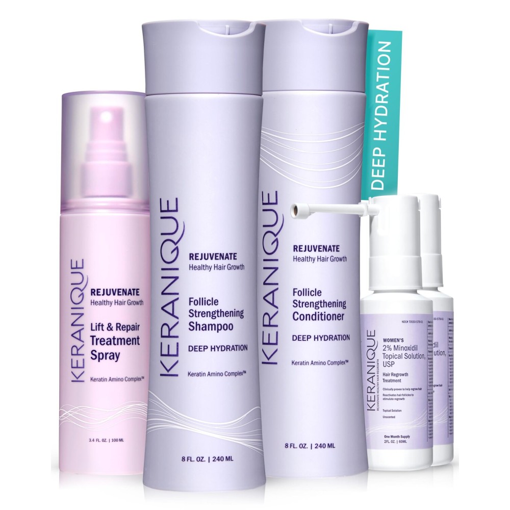 Keranique Hair Growth Products Set - 2% Minoxidil Keranique Hair Regrowth Treatment for Women - Deep Hydrating Shampoo and Conditioner - Hair Thickening & Volumizing Spray - Hair Loss Treatment System