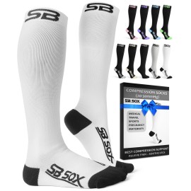 SB SOX Compression Socks for Men & Women (20-30 mmHg) - Best Support Stockings for Travel, Medical, and Sports - Perfect for Everyday Wear (X-Large, White/Black)