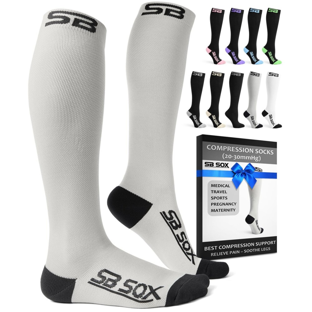 SB SOX Compression Socks for Men & Women (20-30 mmHg) - Best Support Stockings for Travel, Medical, and Sports - Perfect for Everyday Wear (X-Large, Gray/Black)