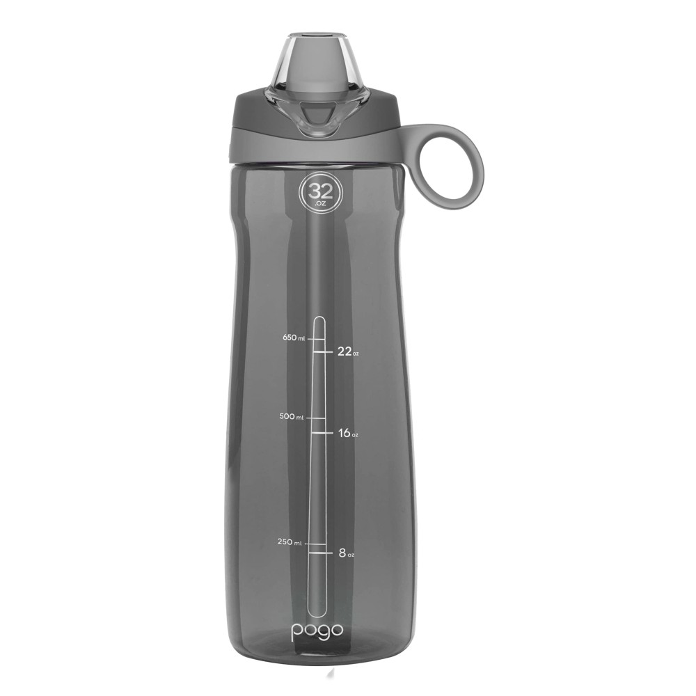 Pogo BPA-Free Tritan Plastic Water Bottle with Soft Straw, 32 Oz, Grey