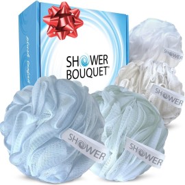 SHOWER BOUQUET Loofah-Bath-Sponge XL Soft-Pastel-Colors 4-Pack // Extra-Large 75g Mesh Luffa Loofa Loufa Puff Pouf Set/Exfoliating Body Scrubber for Women and Men - Exfoliate & Soothe Face & Body
