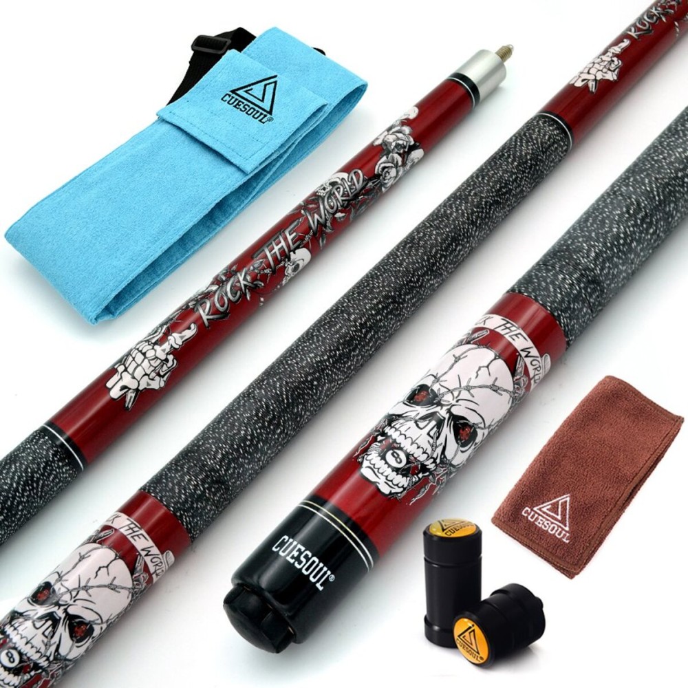 CUESOUL 58 inch 21oz 1/2 Maple Pool Cue Stick Kit- Rock The World Stylish Pattern Cue Design in Red Paint
