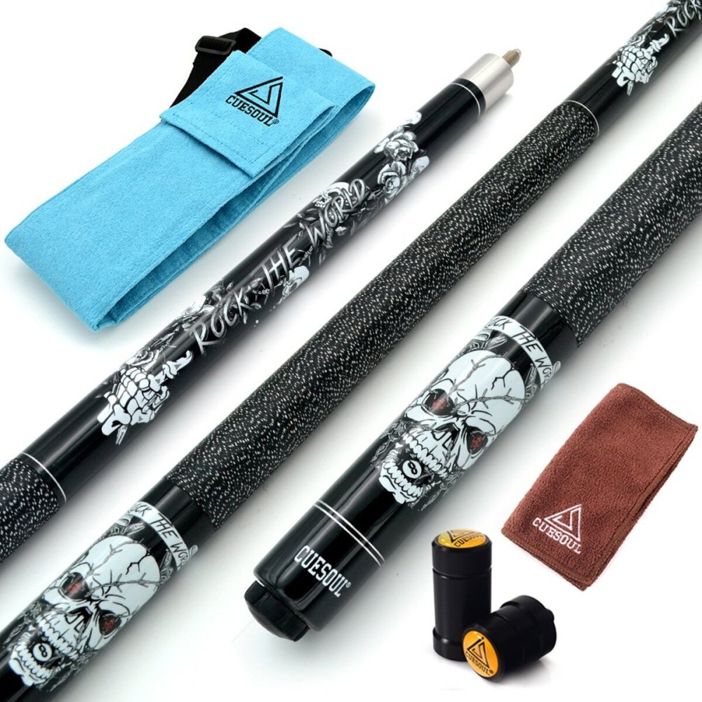 CUESOUL 58 inch 20oz 1/2 Maple Pool Cue Stick Kit- Rock The World Stylish Pattern Cue Design in Black Paint
