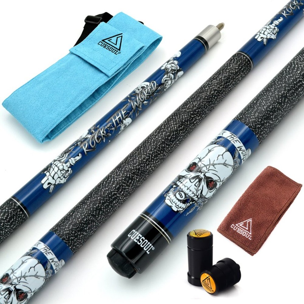 CUESOUL 58 inch 21oz 1/2 Maple Pool Cue Stick Kit- Rock The World Stylish Pattern Cue Design in Blue Paint