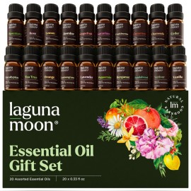 Lagunamoon Essential Oils Set, Top 20 Gift Set Oils for Diffusers, Humidifiers, Aromatherapy, Candle Making Scents, Cars & Home Products, Peppermint, Tea Tree, Lavender, Eucalyptus, Lemongrass (10mL)