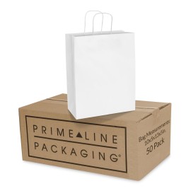 Prime Line Packaging White Gift Bags, Shopping Gift Bags Medium with Handles for Small Business, Boutiques, Retail, Merchandise, Party Favors, Bulk 10x5x13, 50 Pack