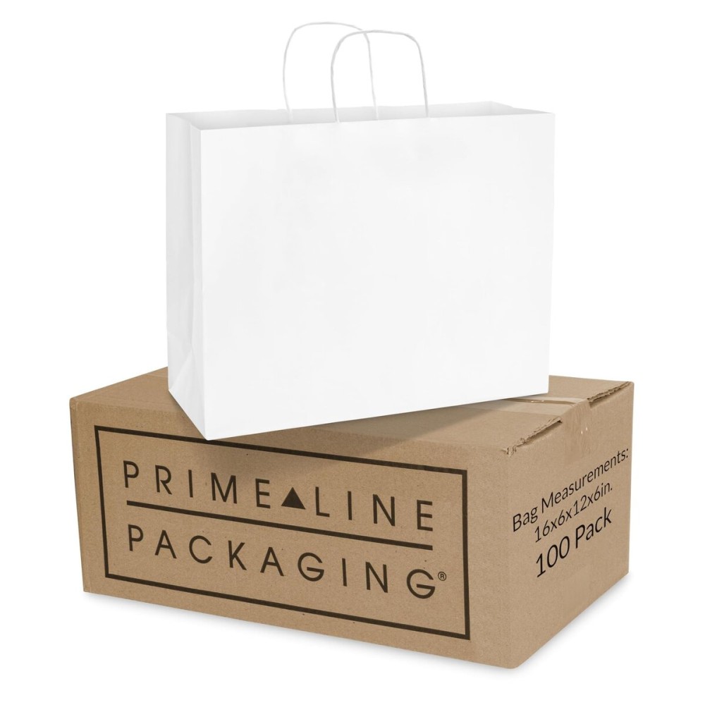 Prime Line Packaging White Gift Bags, Paper Shopping Bags with Handles for Small Business, Boutique, Merchandise, Retail, Party Favors, Bulk, 16x6x12, 100 Pack