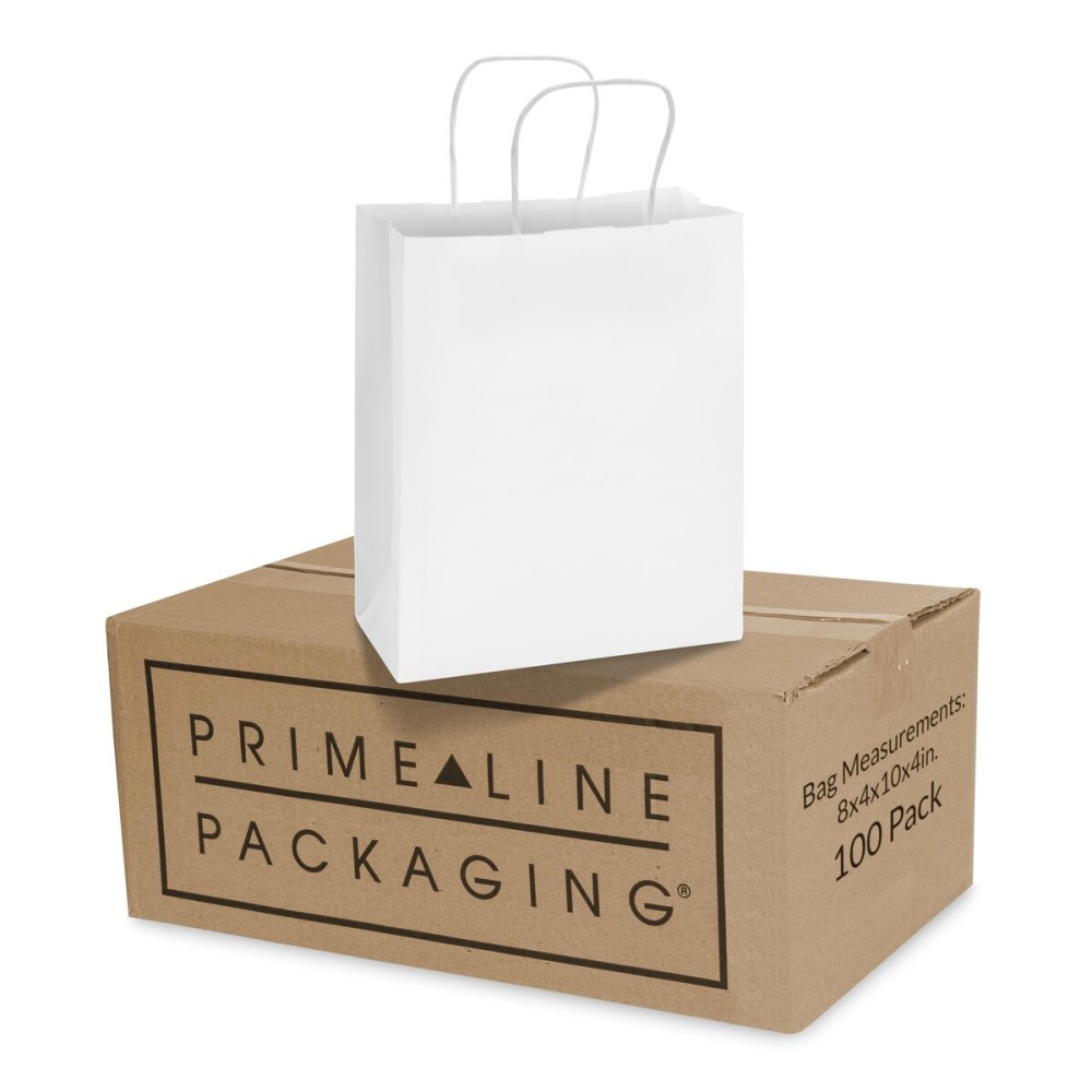Prime Line Packaging White Paper Bags, Kraft Gift Bags with Handles for Small Business, Boutique, Retail, Shopping, Birthdays, Party Favors, Bulk, 8x4x10, 100 Pack