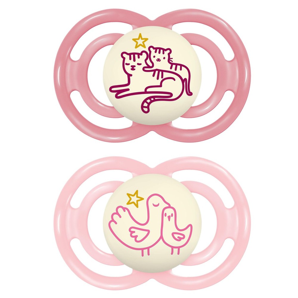 MAM Perfect Night Baby Pacifier, Patented Nipple, Glows in The Dark, 2 Pack, 6-16 Months, Girl