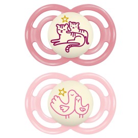 MAM Perfect Night Baby Pacifier, Patented Nipple, Glows in The Dark, 2 Pack, 6-16 Months, Girl