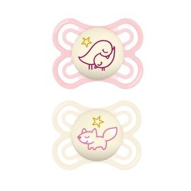 MAM Perfect Night Baby Pacifier, Patented Nipple, Glows in The Dark, 2 Pack, 0-6 Months, Girl, Designs May Vary