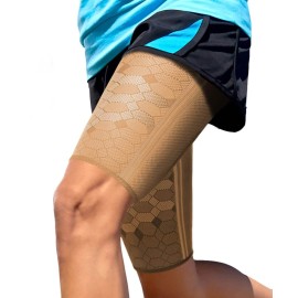 Sparthos Thigh Compression Sleeves (Pair) - Upper Leg Sleeves for Men and Women Support for Improved Blood Circulation Quad and Hamstring Recovery Sports Running Tennis Workout Basketball (Beige-M)