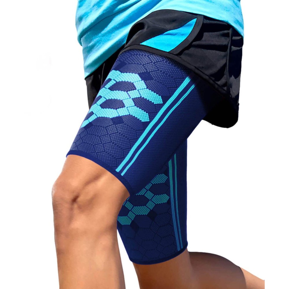 Sparthos Thigh Compression Sleeves (Pair) - Upper Leg Sleeves for Men and Women Support for Improved Blood Circulation Quad and Hamstring Recovery Sports Running Tennis Workout Basketball (Blue-M)