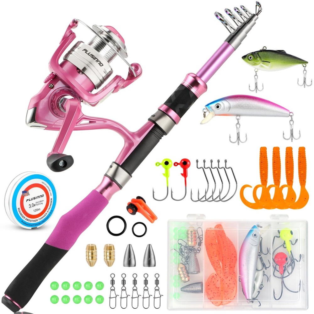 Fishing Rod and Reel Combos, Fishing Gear Gifts for Women with Spinning Reel, Lures, Line, Pink Ladies Telescopic Pole Kit Designed for Girls Adults by PLUSINNO