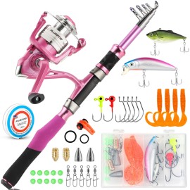 Fishing Rod and Reel Combos, Fishing Gear Gifts for Women with Spinning Reel, Lures, Line, Pink Ladies Telescopic Pole Kit Designed for Girls Adults by PLUSINNO