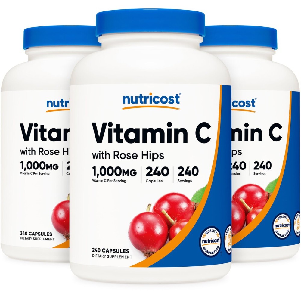 Nutricost Vitamin C with Rose HIPS 1025mg, 240 Capsules (3 Bottles) - Premium Non-GMO, Gluten Free Vitamin C Supplement