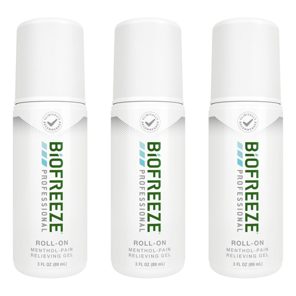 Biofreeze Professional Pain Relief Roll On for Knee, Neck, Hip, Joint, & Shoulder, Simple Backache Pain Reliever, Sore Muscle Relief, Roll-On Menthol Gel 3 Fl Oz (Pack of 3)