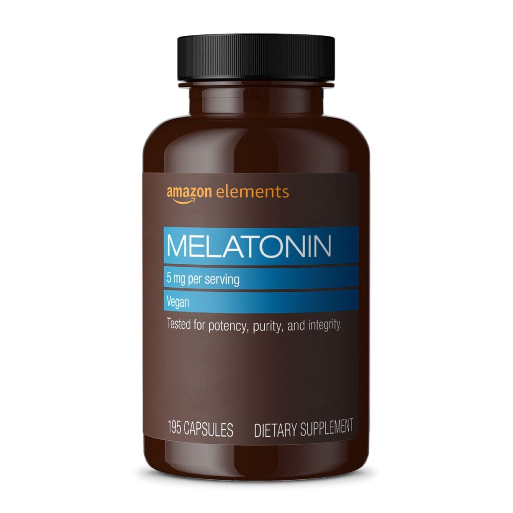Amazon Elements - Melatonin 5mg Capsules, Helps with occasional sleeplessness, Vegan, Unflavored, 195 Count (Pack of 1), 6 month supply (Packaging may vary)