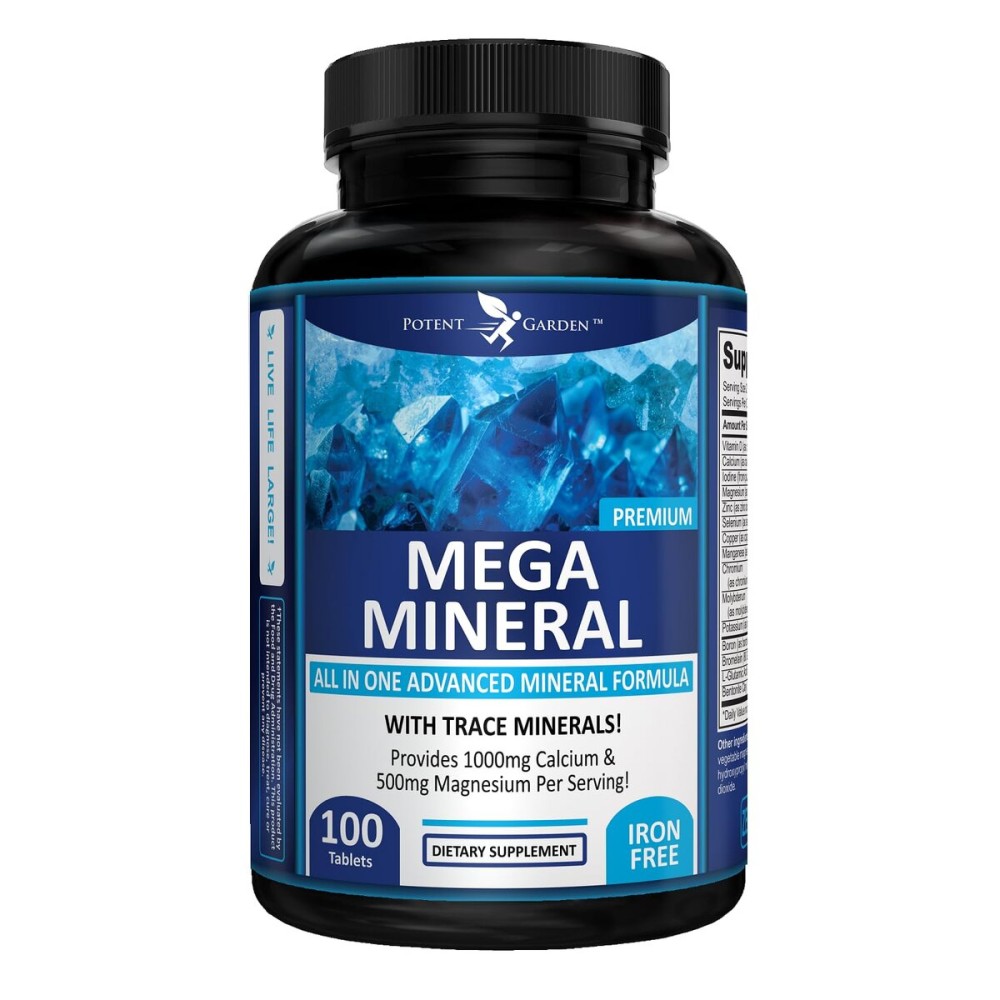 Potent Garden Mega Mineral Supplement Complete Mineral Complex with Calcium Magnesium Zinc Potassium Boron Selenium Chromium & 72 Trace Minerals Iron Free Calcium Supplement -100 Pills