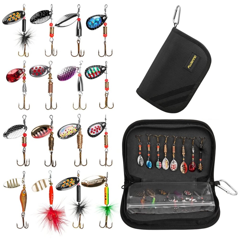 PLUSINNO 16pcs Fishing Lure Spinnerbait Kit with Portable Carry Bag,Bass Trout Salmon Hard Metal Spinner BaitsKit