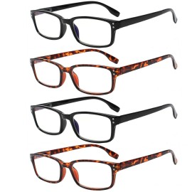 Kerecsen 4 Pack Reading Glasses for Men and Women with Spring Hinges, Lightweight Black Rectangular Readers Eyeglasses (2 Black 2 Tortoise, 1.00)