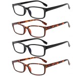 Kerecsen 4 Pack Reading Glasses for Men and Women with Spring Hinges, Lightweight Black Rectangular Readers Eyeglasses (2 Black 2 Tortoise, 1.25)
