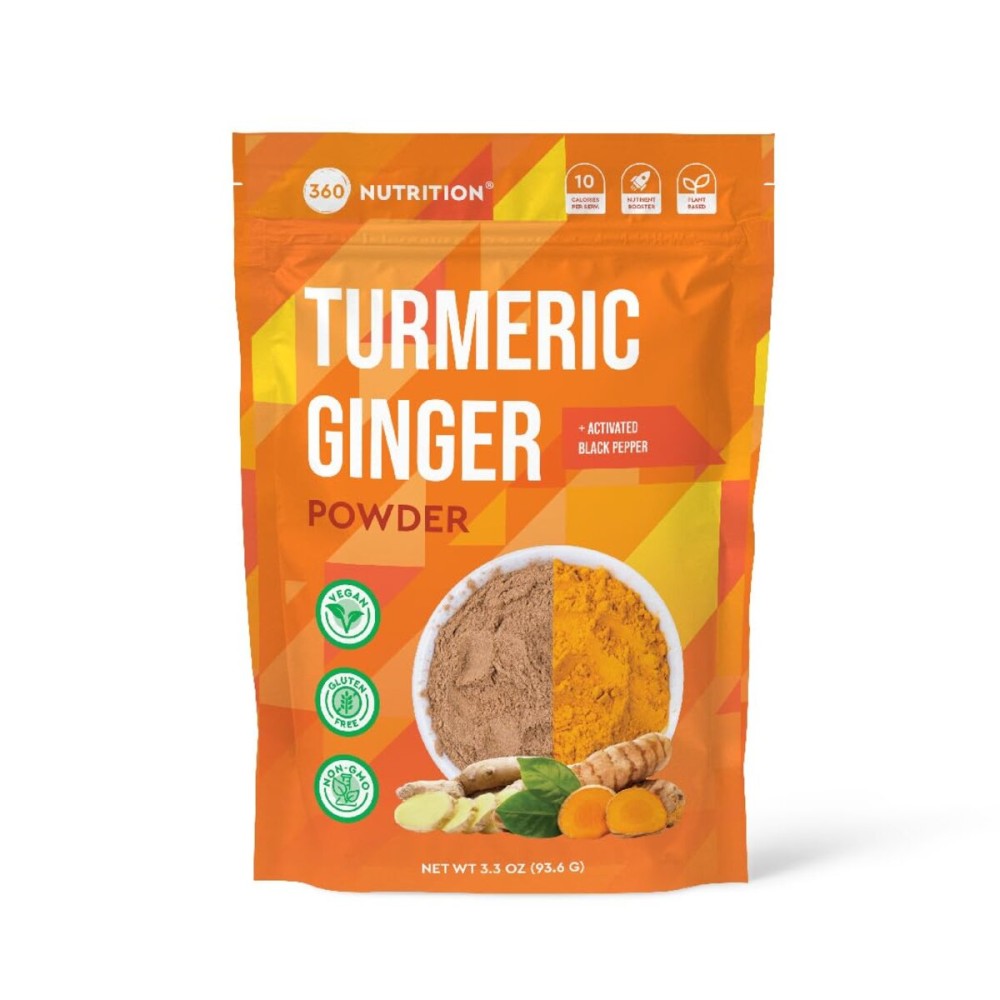 360 Nutrition Turmeric Supplement with Ginger Root Powder, Vegan Turmeric Curcumin with Black Pepper for Joint Support, Gut Health & Digestion, Keto Friendly, Caffeine Free, 3.3 oz, 31 Servings