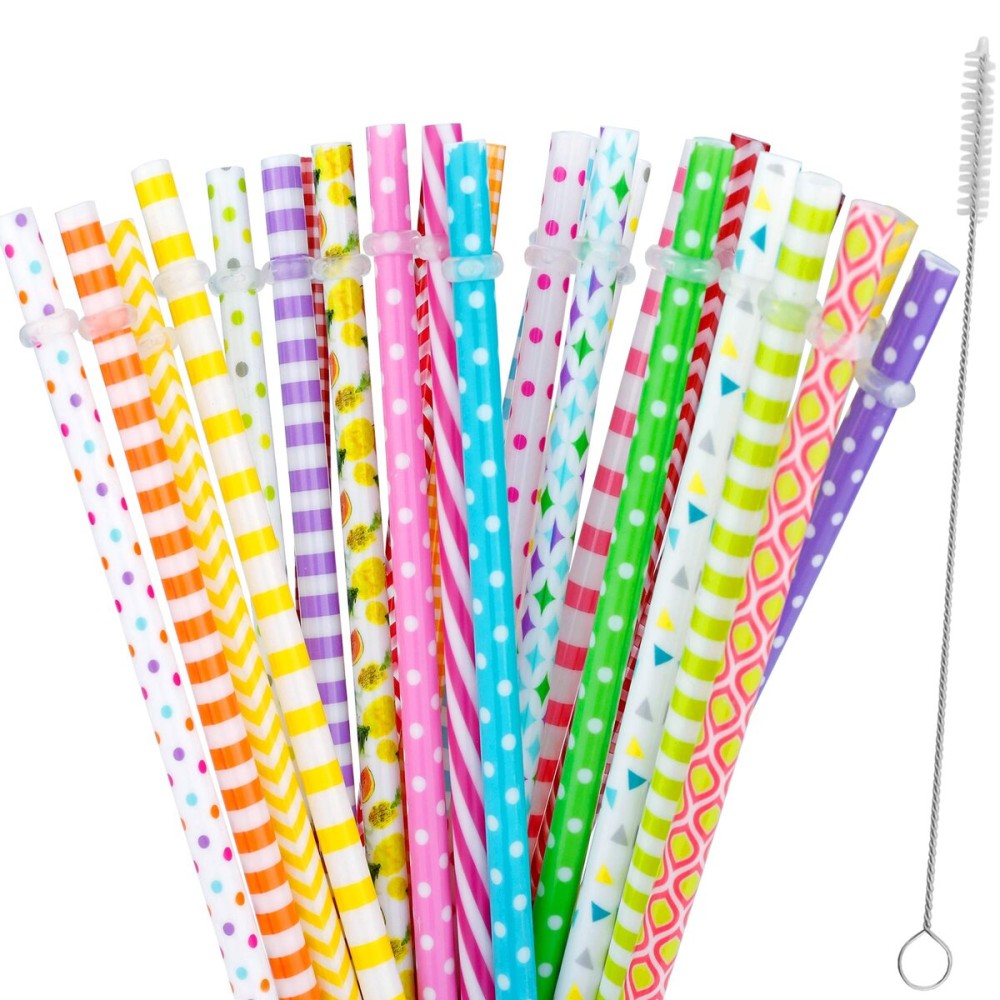 JANYUN 30 Pieces Reusable Plastic Straws BPA-Free 9 Colorful Printing Hard Platic Stripe Drinking Straw for Mason Jar Tumbler Family or Party Use Cleaning Brush Included(Random Pattern) (Straight)