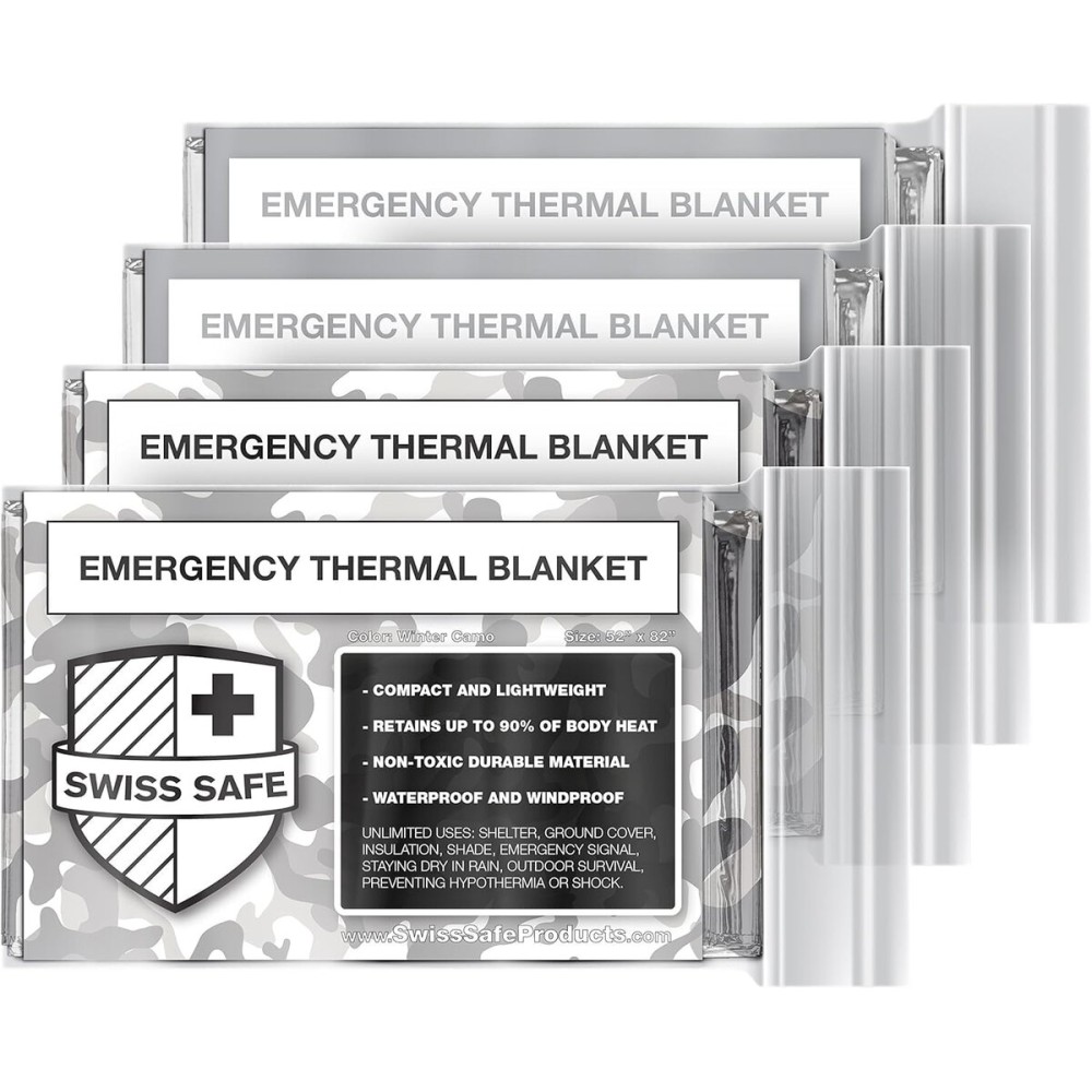 Swiss Safe 4 Pack Mylar Emergency Blankets for Survival - Compact & Insulated for Cold Weather - Designed for NASA, Outdoor, Running, Camping, Survival, First Aid Car Kit - Camouflage, 4 Pack
