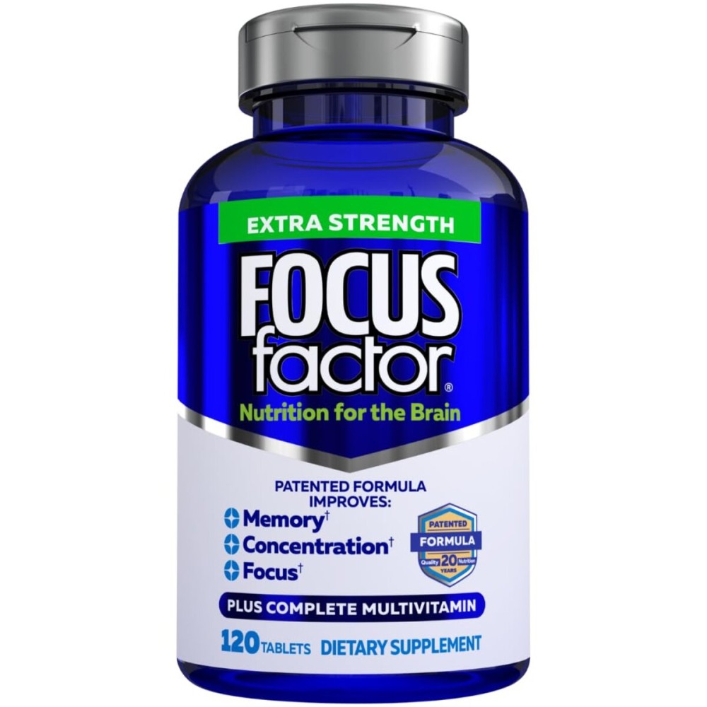 Focus Factor Adults Extra Strength, 120 Count - Brain Supplement for Memory, Concentration and Focus - Complete Multivitamin with DMAE, Vitamin D, DHA - Trusted Health Vitamins