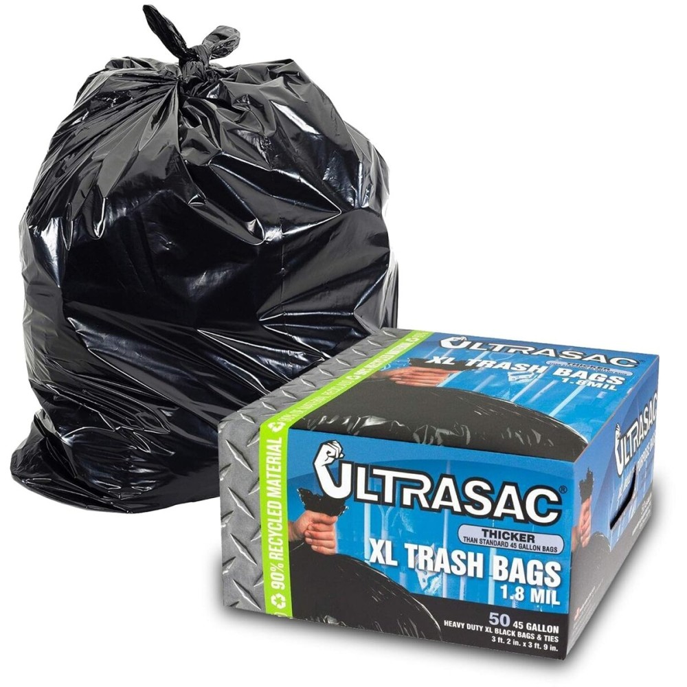 Ultrasac Heavy Duty 45 Gallon Trash Bags Huge 50 Count/w Ties) - 1.8 MIL - 38 x 45 - Large Black Plastic Garbage Bags for Contractor, Industrial, Home, Kitchen, Commercial, Yard, Lawn, Leaf