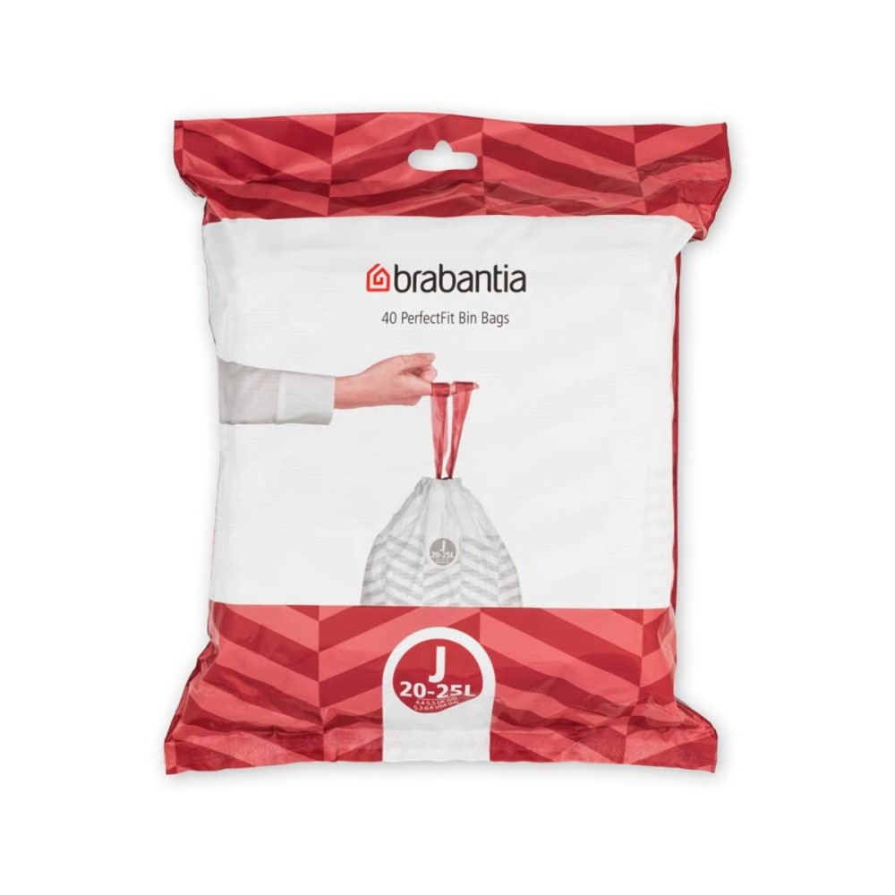 Brabantia PerfectFit Trash Bags (Size J/5.3-6.6 Gal) Thick Plastic Trash Can Liners with Drawstring Handles (40 Bags)