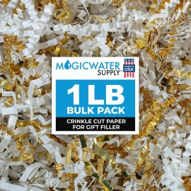 MagicWater Supply - 1 LB - White & Gold - Crinkle Cut Paper Shred Filler great for Gift Wrapping, Basket Filling, Birthdays, Weddings, Anniversaries