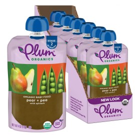 Plum Organics Stage 2 Organic Baby Food - Pear + Pea with Spinach - 4 oz Pouch (Pack of 6) - Organic Fruit and Vegetable Baby Food Pouch