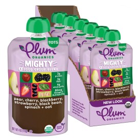 Plum Organics Mighty 4 Organic Toddler Food - Pear, Cherry, Blackberry, Strawberry, Black Bean, Spinach, and Oat - 4 oz Pouch (Pack of 6) - Organic Fruit and Vegetable Toddler Food Pouch