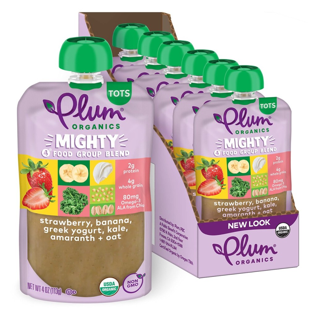Plum Organics Mighty 4 Organic Toddler Food - Strawberry, Banana, Greek Yogurt, Kale, Amaranth, and Oat - 4 oz Pouch (Pack of 6) - Organic Fruit and Vegetable Toddler Food Pouch