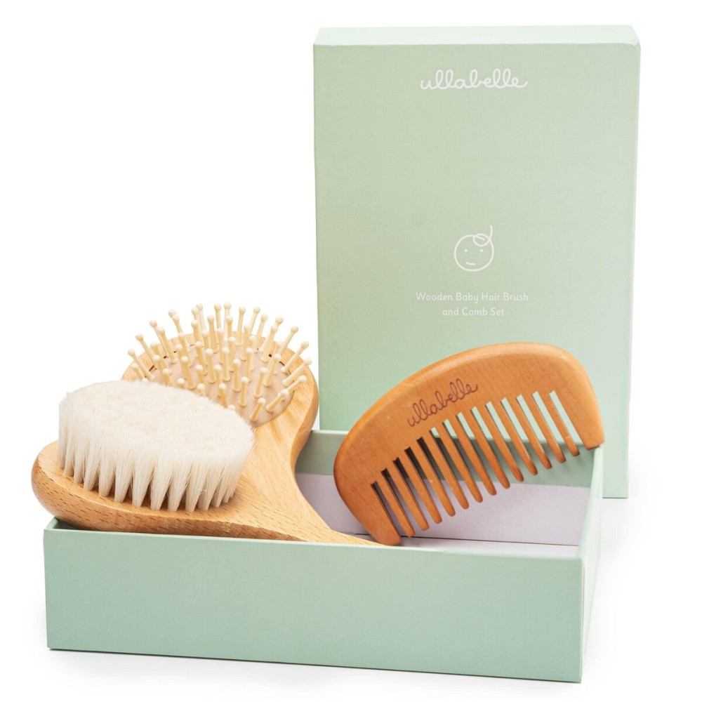 Ullabelle 3 Piece Wooden Baby Hair Brush and Comb Set for Newborns & Toddlers in Chic Gift Box - Ultra Soft Natural Goat Hair and Wood Baby Brush Set Prevents Cradle Cap - Perfect Registry Gift (Sage)