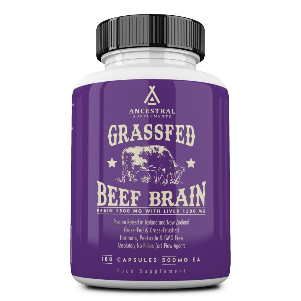 Ancestral Supplements Grass Fed Beef Brain Supplement with Beef Liver, Whole Food Brain Support Promotes Brain, Mood, and Memory Health, Brain and Liver Health Formula Capsules, Non-GMO, 180 Capsules