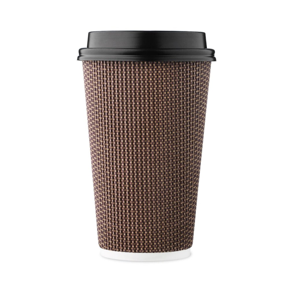 [85 SET]Harvest Pack 16 oz Disposable Coffee Cups, Insulated Ripple Double-Walled Paper Cups with Lids, Brown Geometric, Drinking Cups for Tea Hot Chocolate Drinks To go coffee cups