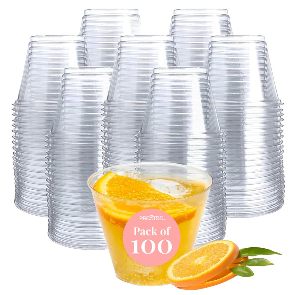 Set of 100-5 oz Clear Plastic Cups - Prestee Hard Disposable Drinkware - Bulk Cocktail, Wine and Punch Tumblers - Party and Event Drinking Cups