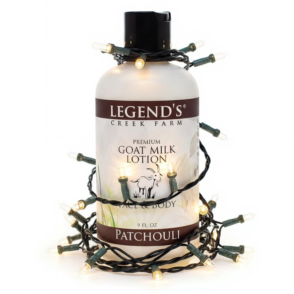 Legend\'s Creek Farm Goat Milk Lotion - Deeply Moisturizing Goat Milk Body Lotion for Body, Hand & Face - 9 oz Body Moisturizer with Shea Butter, Sunflower Oil, Aloe, Handmade in USA (Patchouli L.)
