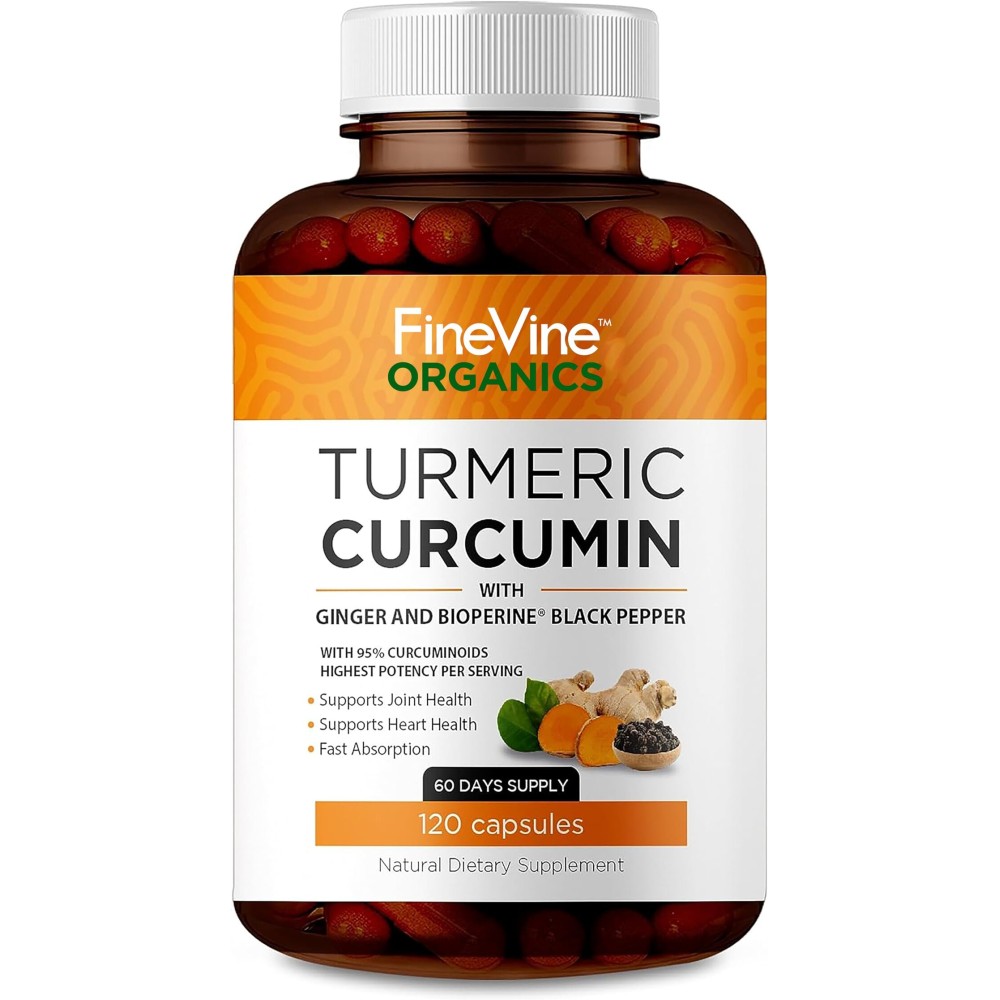 Turmeric Curcumin with BioPerine Black Pepper and Ginger - Made in USA - 120 Vegetarian Capsules for Advanced Absorption, Joints Support