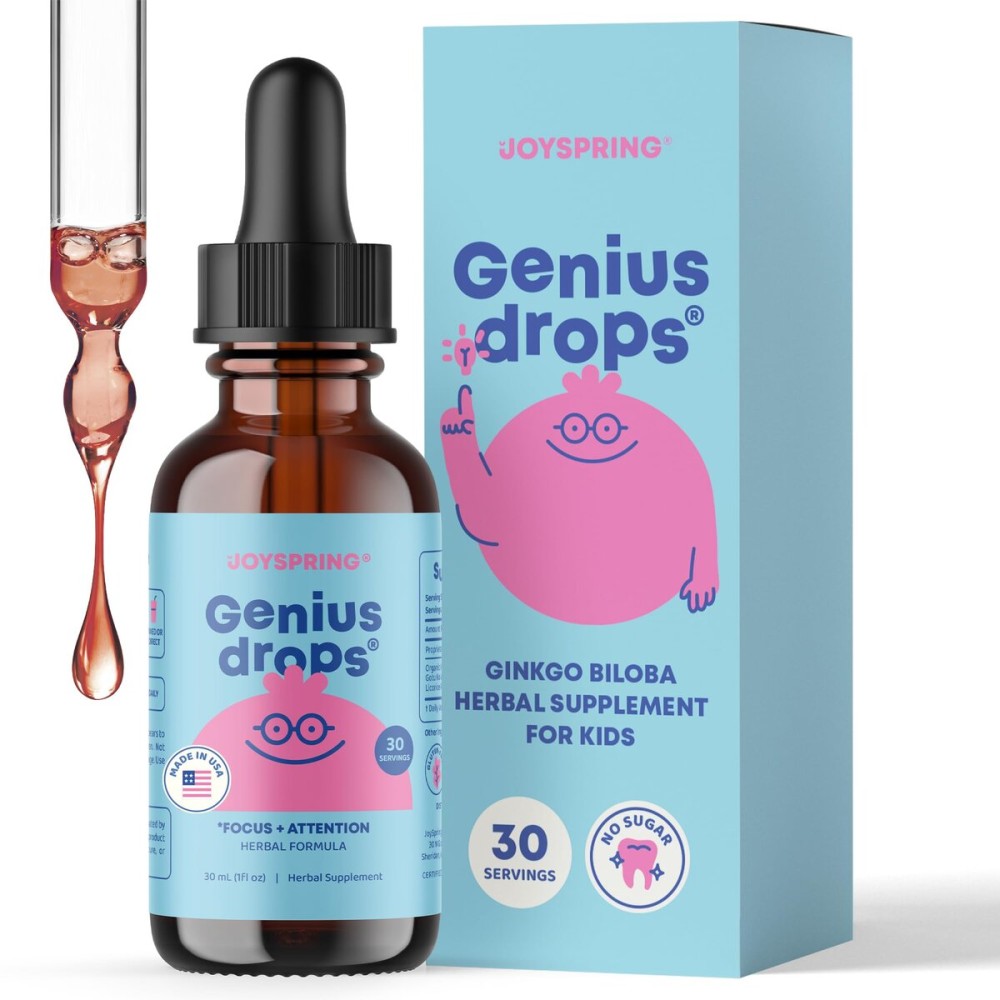 JoySpring Genius Drops for Kids | Clinically Proven Focus Supplement | Liquid Herbal Focus Supplement with Ginkgo Biloba for Kids (1 fl oz) 30 Servings