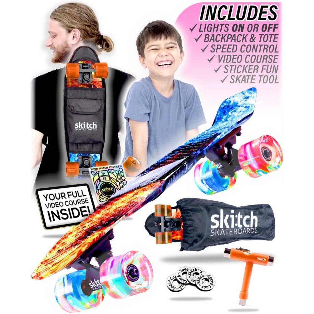 SKITCH Complete Skateboard for Kids Ages 4-6 Year Old Beginners Boys Children Youth Gift Set 22 Inch Penny Board Mini Cruiser ABEC 9 Bearings Skateboards Backpack Bag Skate Tool (Wildfire Blaze LED+)