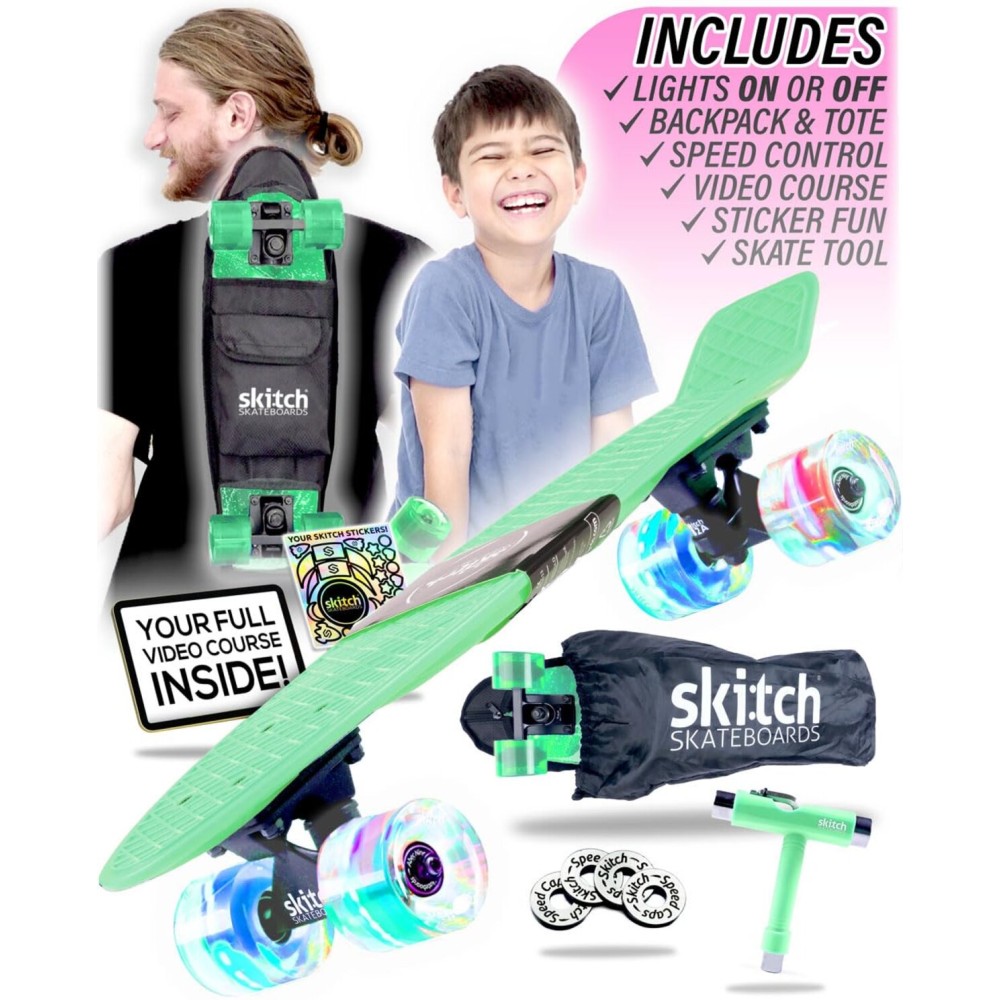 SKITCH Complete Skateboard for Kids 8-10 Year Old Beginner Boys Children Youth Teens Gift Set 22 Inch Penny Board Mini Cruiser ABEC 9 Bearings Black Skateboards Backpack Skate Tool (Mint Green LED+)