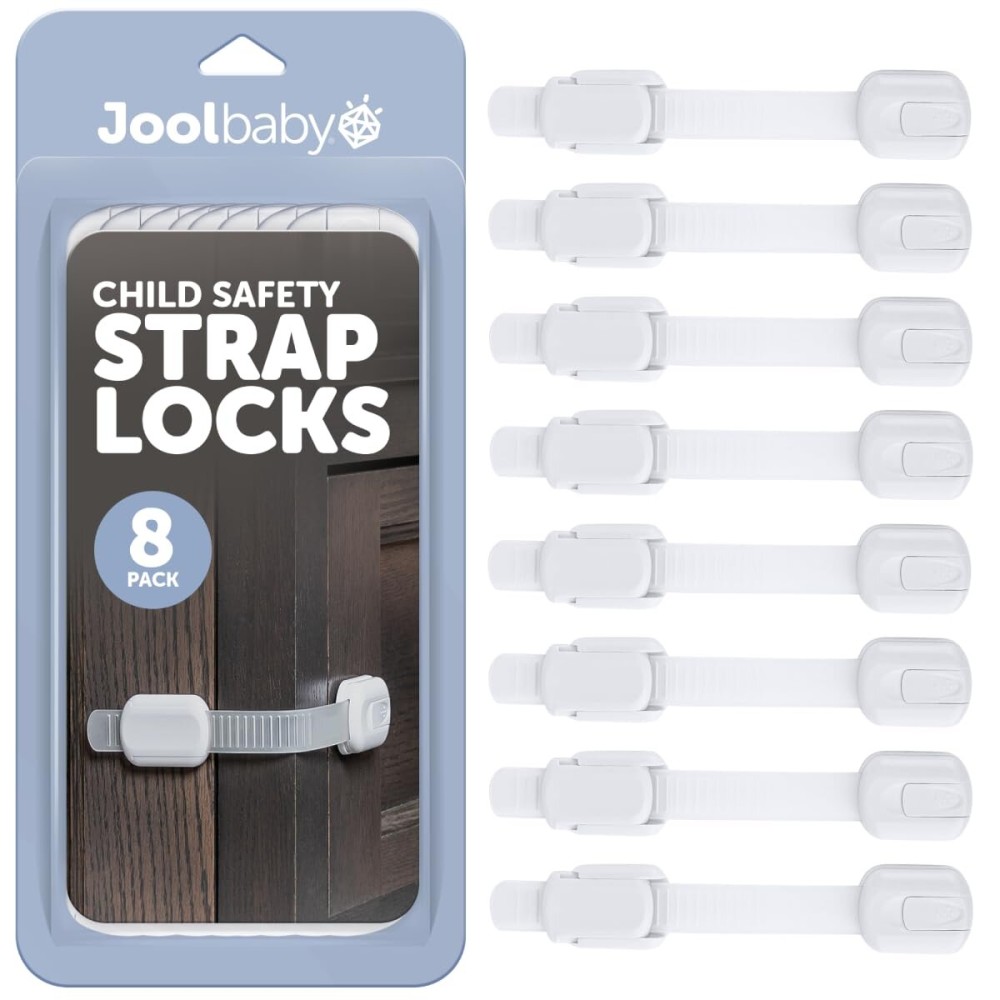 Child Safety Strap Locks (8 Pack) Baby Proof Cabinets, Drawers, Fridge, Toilet & Trash Cans - 3M Adhesive Childproof Locks - Jool Baby